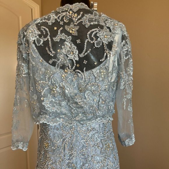 MAC DUGGAL LACE BEADED W/BOLERO JACKET PALE BLUE GOWN sz 10 - Picture 6 of 10